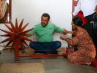 Salman tries his hand at ‘charkha’ in Sabarmati Ashram